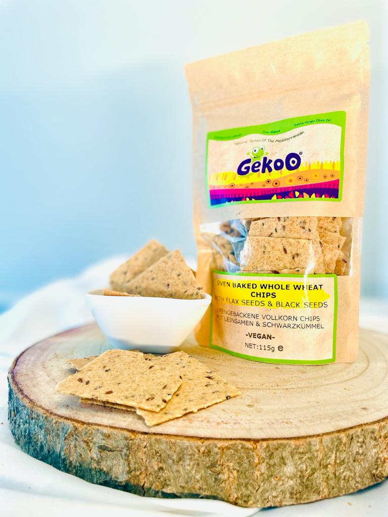 Gekoo Organic Oven Baked Whole Wheat Chips with Flax Seeds & Black Seeds-Vegan